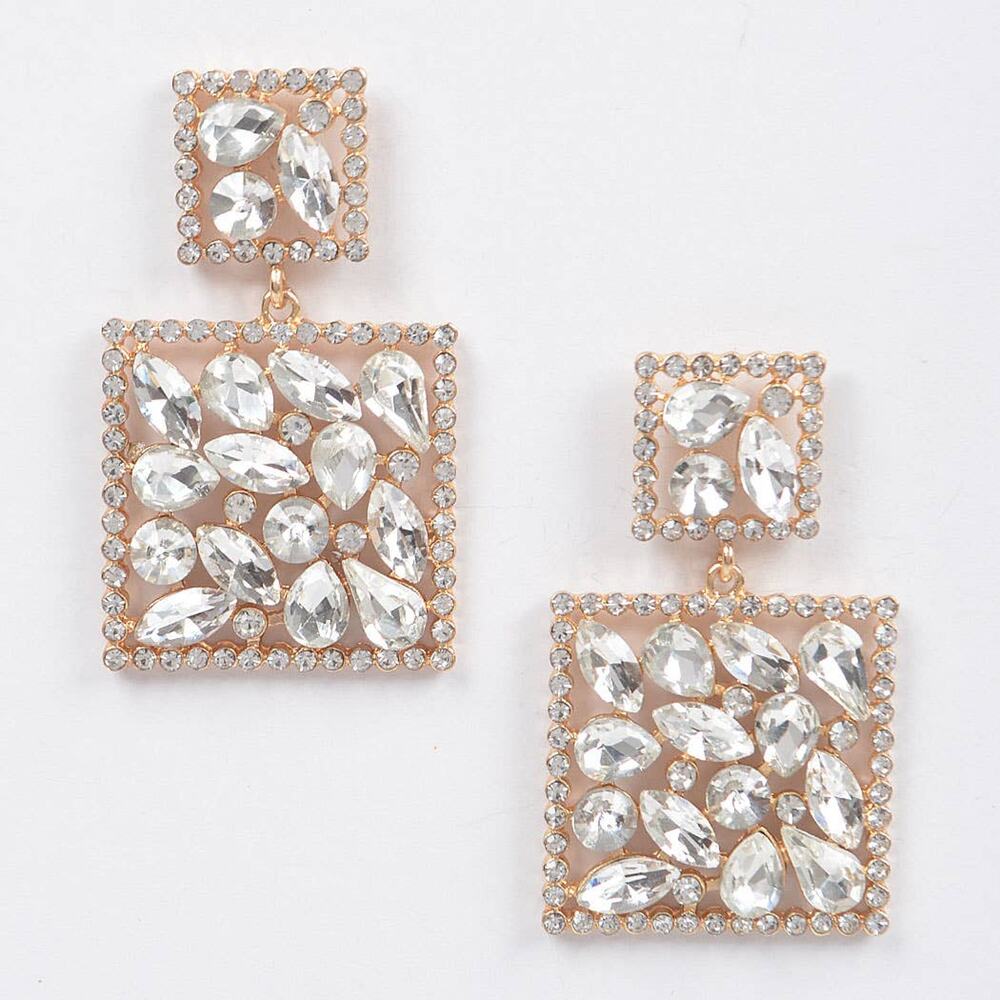 Square Dangle Rhinestone Earrings – Clear Gold